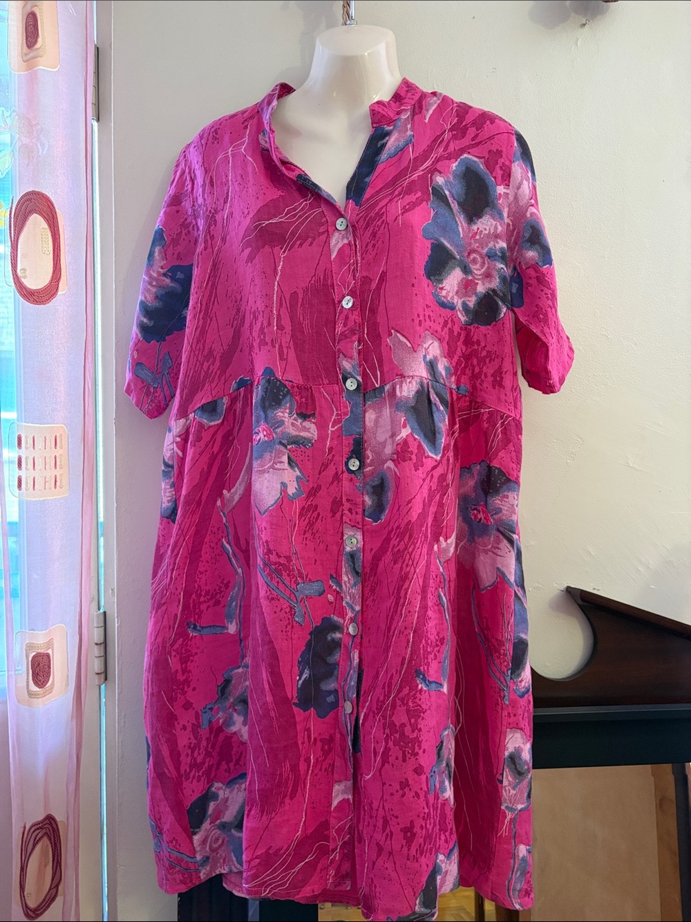 Women's Pink Floral Midi Shirt Dress